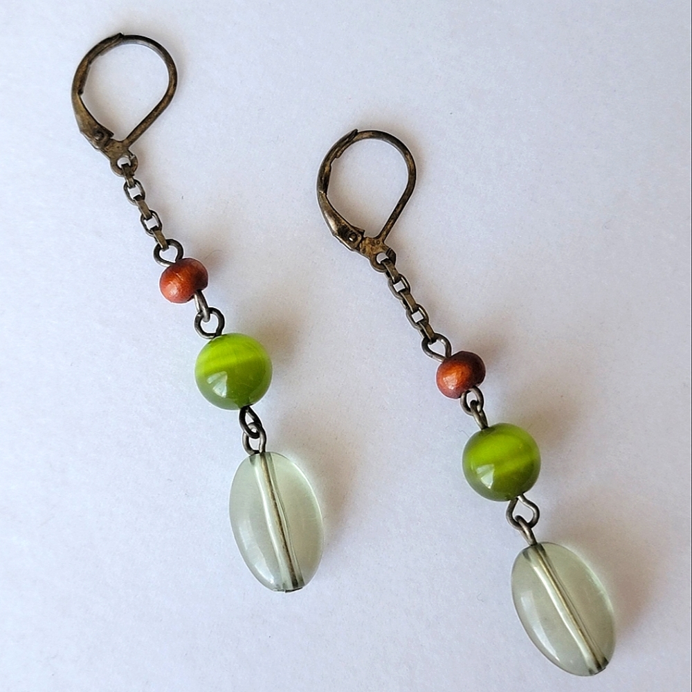 Bead and Chain Drop Leverback Earrings Earth Tones Peridot Green